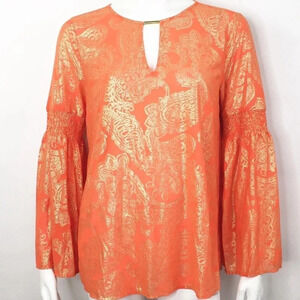Michael Kors Samara Paisley Poppy/Gold V-Neck Top Smocked Bell Sleeves XL NWT